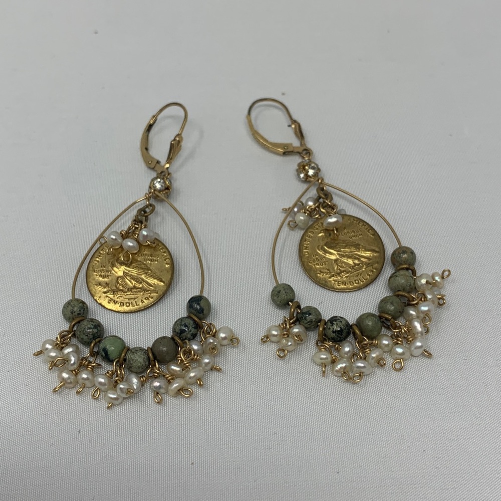 Gold and Green Beaded Dangle Earrings